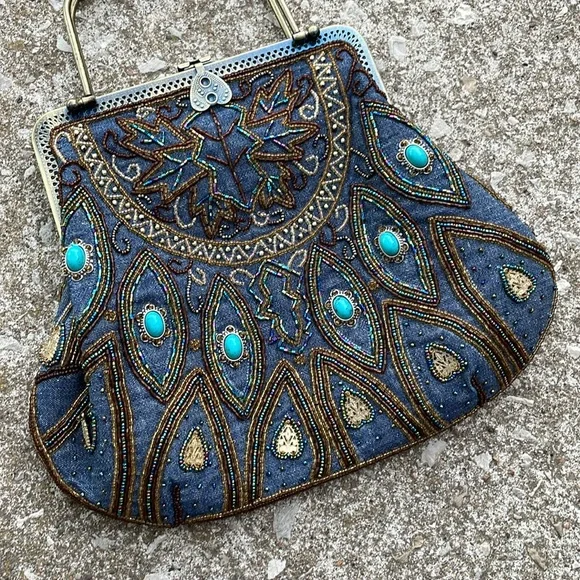 Western Turquoise Beaded Denim Victorian Style Chain Strap Handbag - Picture 3 of 8